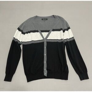 21 Men Cardigan Sweater‎ Mens L Black Grey White Colorblock V-Neck Cotton Knit